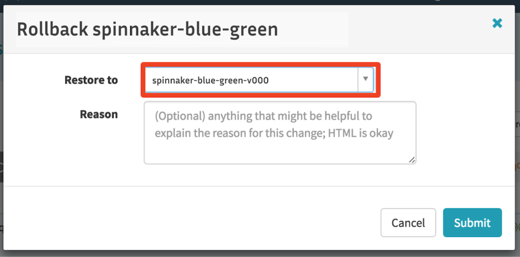 rollback spinnaker blue green