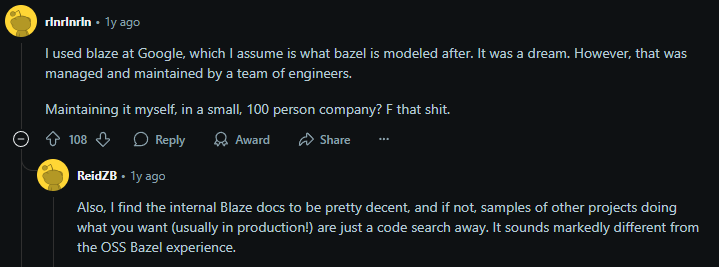 reddit discussion on bazel