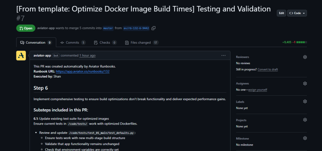 Automatically generated PR showing testing and validation details from a runbook.