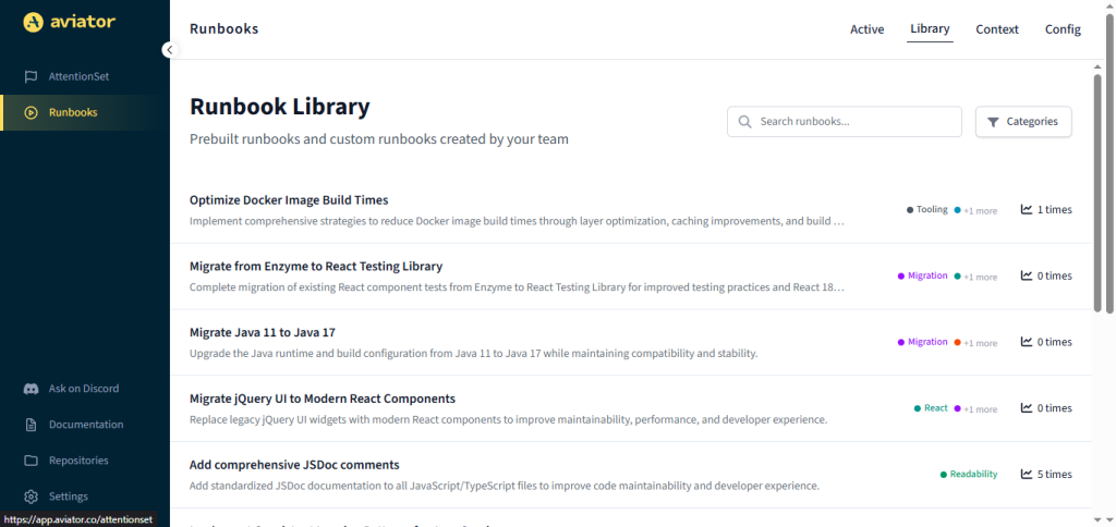 Dashboard showing a list of runbooks in the Aviator Runbook Library