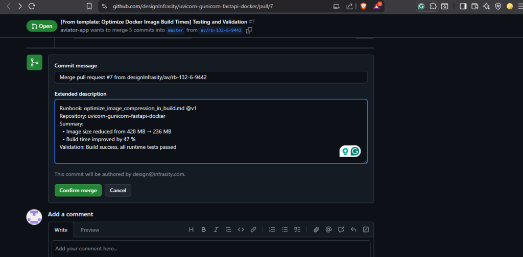 Pull request merge view showing runbook-generated summary details.