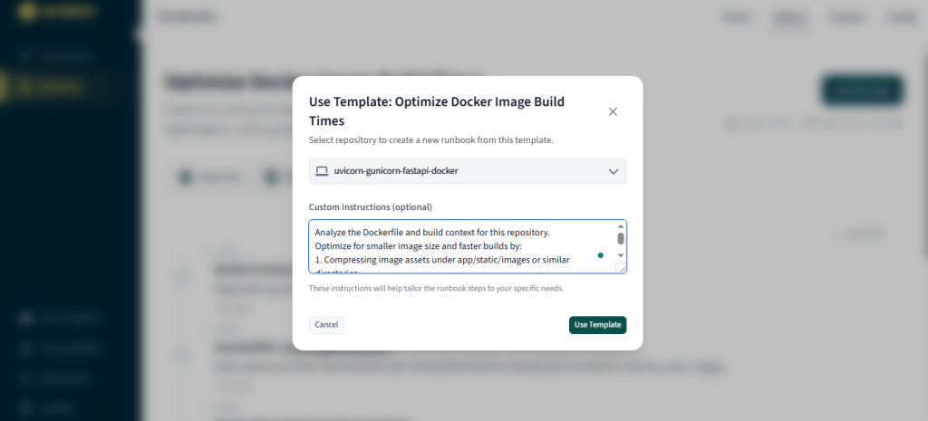 Template dialog with custom instructions entered for optimizing Docker image build times.