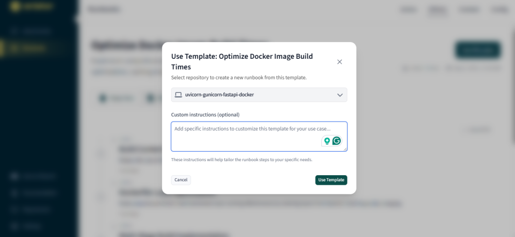Dialog for creating a new runbook from a template with optional custom instructions.