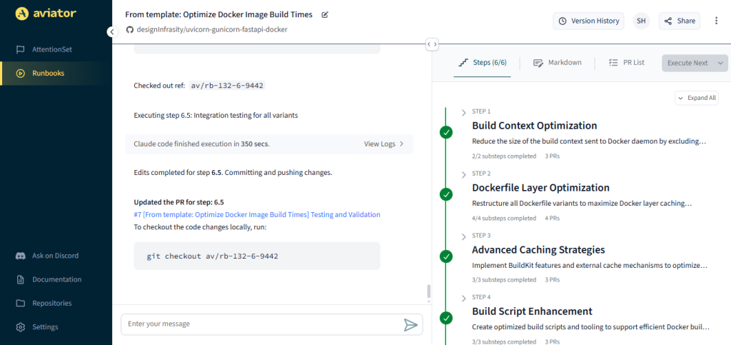 Runbook view showing execution logs on the left and build optimization steps on the right