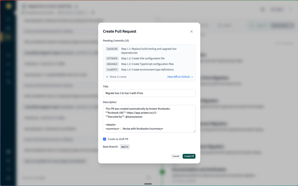 Creating a pull request from completed runbook changes