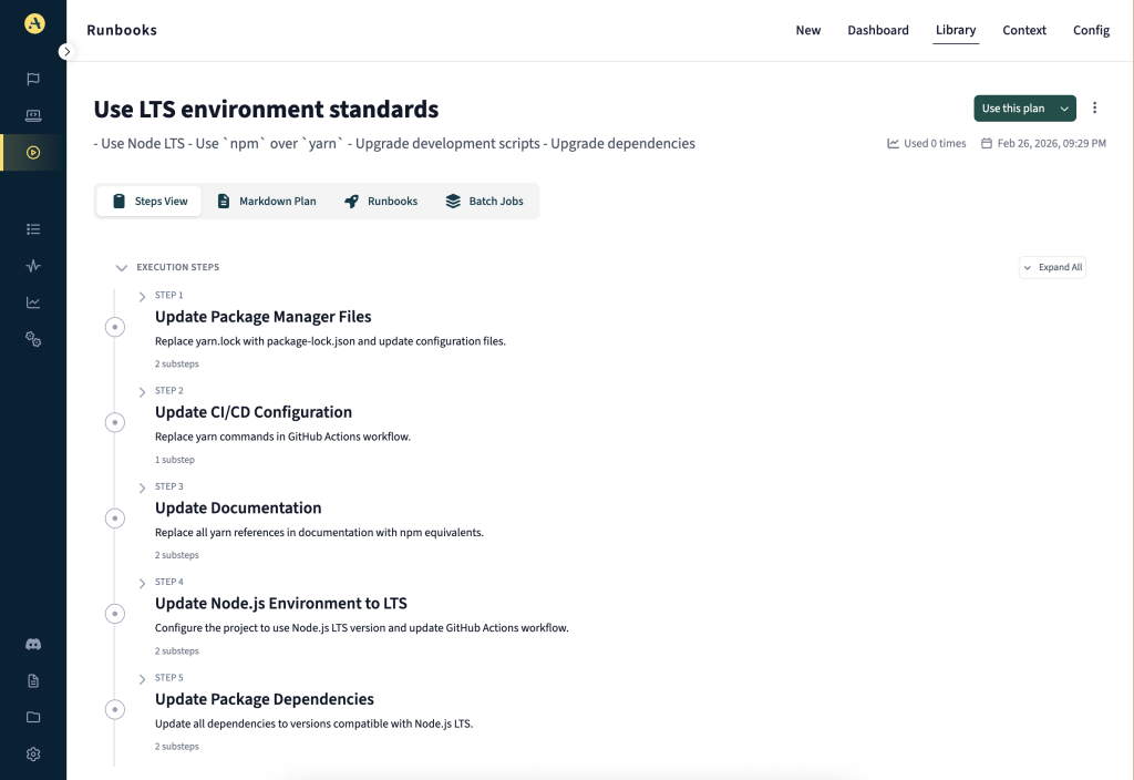 A Runbook targeting a Node.js LTS migration: authored once, executable across every affected repository. Each step generates a reviewable PR.
