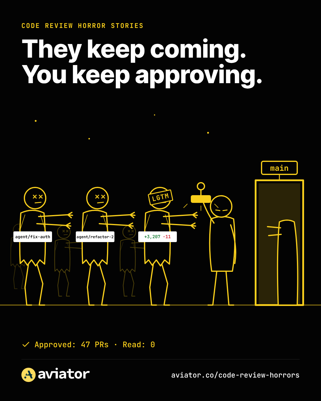 Zombie pull requests tagged agent shamble toward a door marked main while a developer stamps them LGTM.