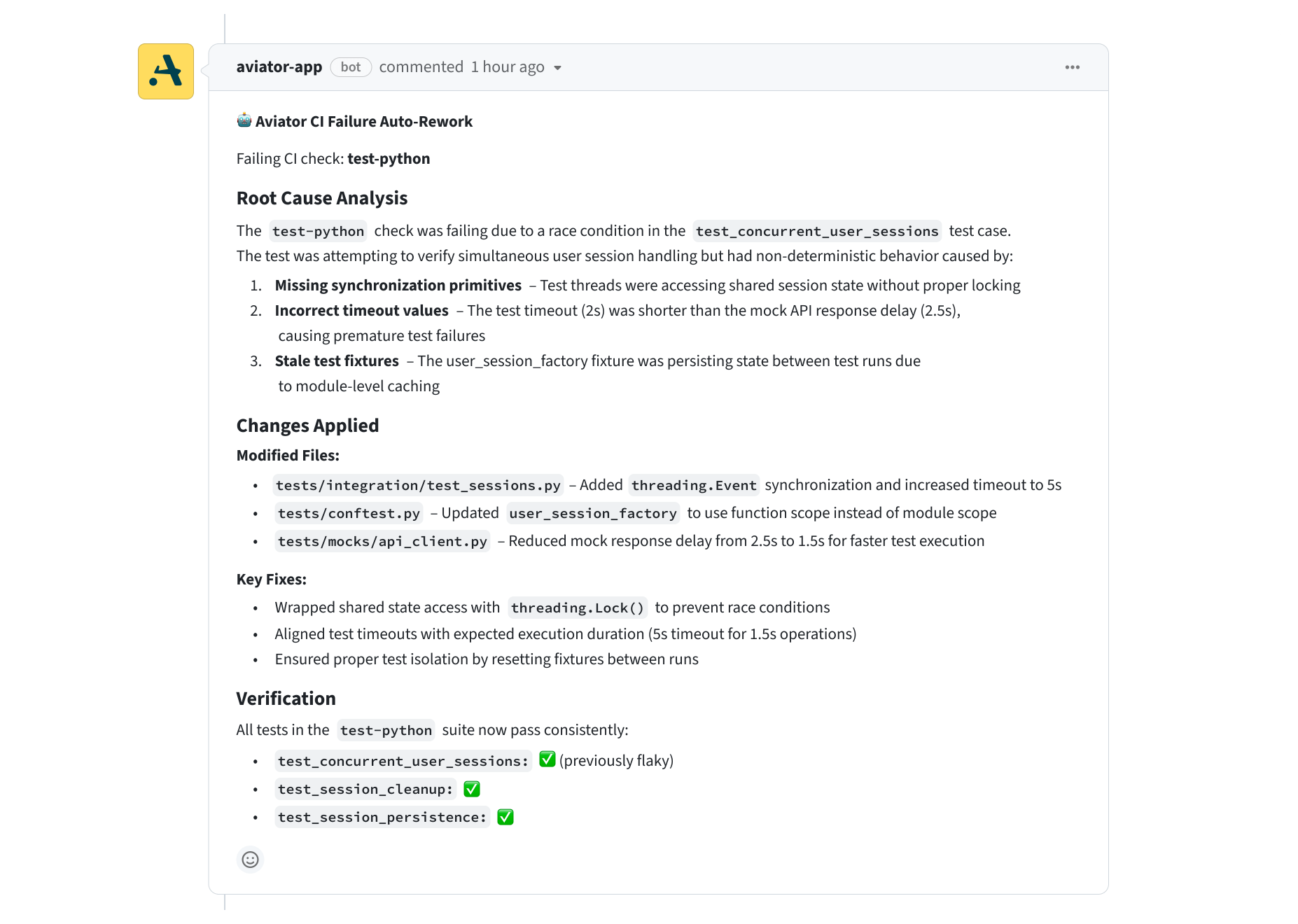 GitHub PR comment from aviator-app explaining a CI failure root cause and the changes applied.