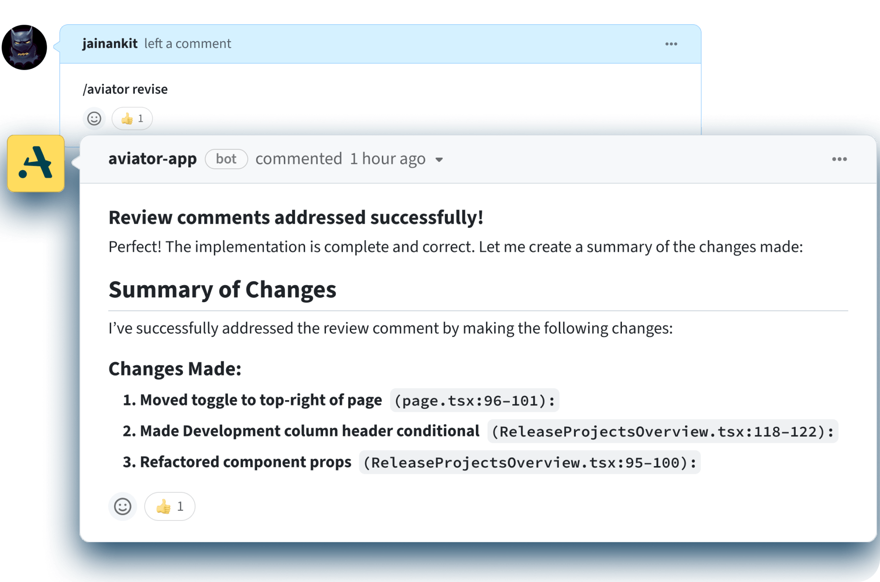 GitHub PR comment with `/aviator revise` followed by an aviator-app summary of changes.