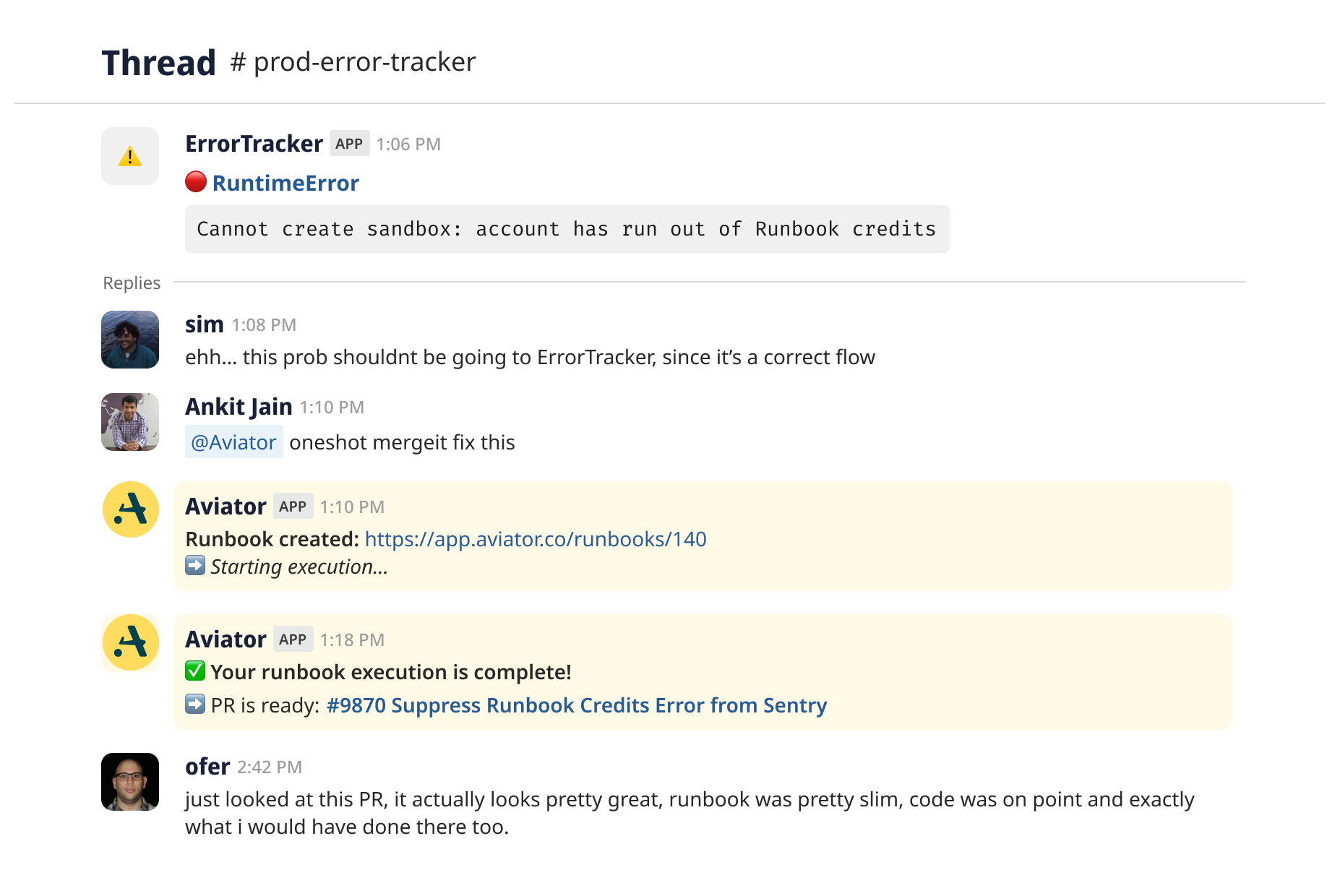 Slack thread where an Aviator runbook resolves a sandbox-credits error and ships a PR.
