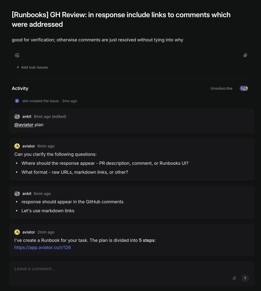 GitHub issue thread where the Aviator agent asks clarifying questions and drafts a runbook plan.